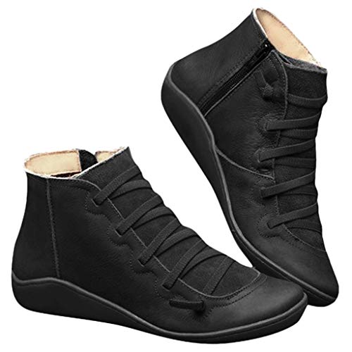 Women's Flat Boots Leather Round Toe Lace-up Shoe Side Zipper Retro Solid Casual Boots Walking Sneakers For Ladies Black, 9.5-10