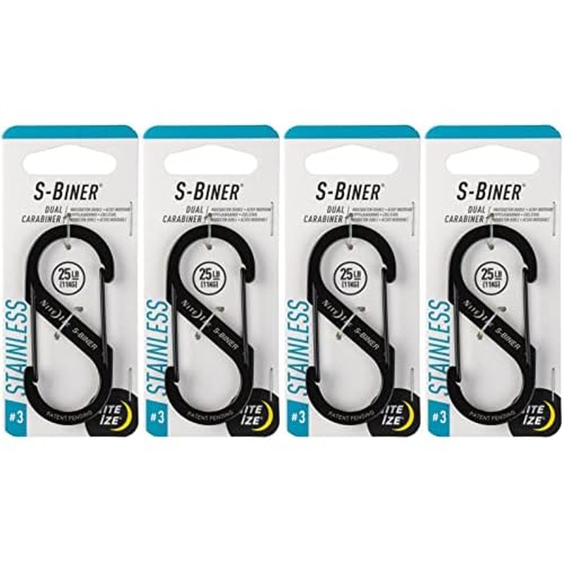 Nite Ize S-Biner Dual Carabiner Stainless Steel, Black, #3-Size, SB3-03-01 (4-Pack)
