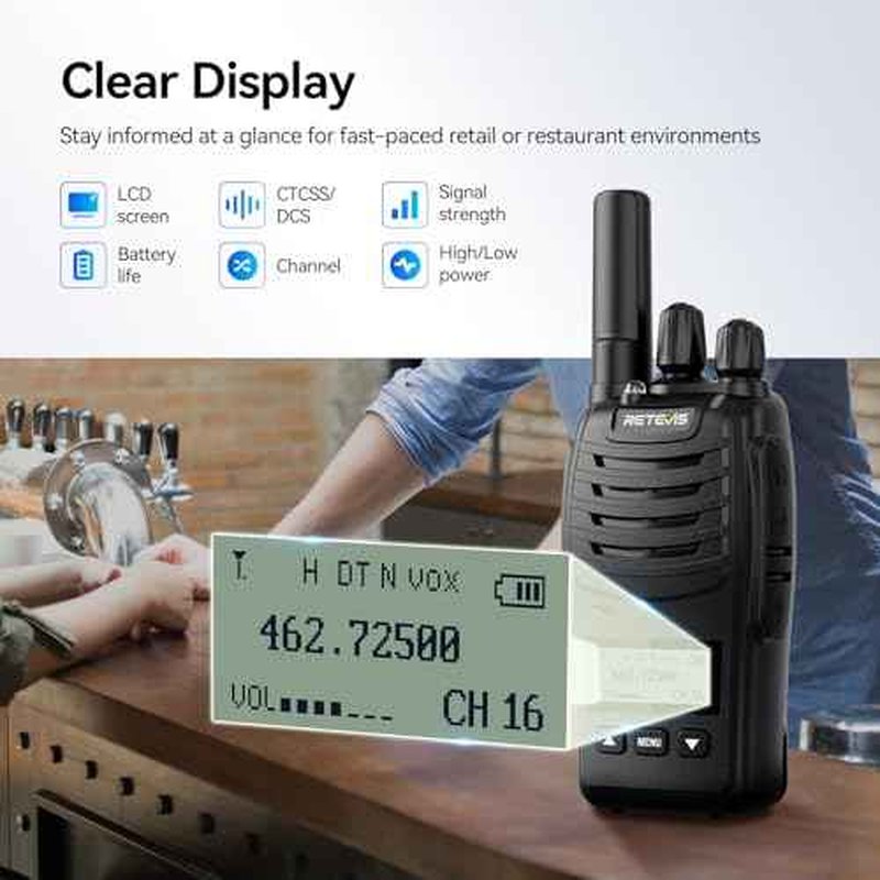 Retevis H777D Walkie Talkies for Adults with LCD Screen, Type-C Charging, FRS Long Range Handheld 2 Way Radio, Hand Free Rechargeable, for Business Restaurant Retail Church(6 Pack)