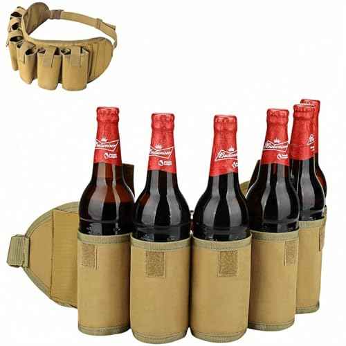 Beer Belt, Adjustable 6 Pack Beer Belt Bottle Holders, Portable Beer Soda Drink Can Holder Waist Pack Bag with Zipper Pocket Pen Slot, Perfect for Party, Picnic, Camping, BBQ, Outdoor Hiking£¨Brown£©