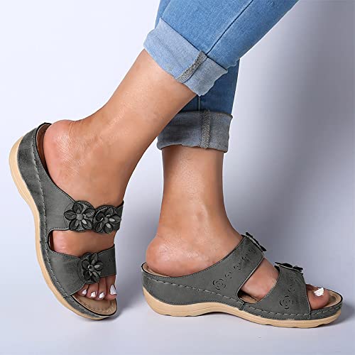 Shengsospp Womens Espadrilles Wedges Sandals Open Toe Slip On Strappy Flat Sandals with Elastic Ankle Strap Dressy Summer Walking Sandals 05_Grey, 5.5