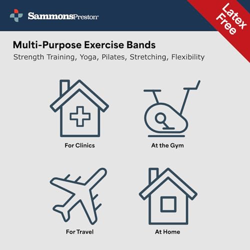 Sammons Preston Non-Latex Exercise Band, 5 Pack, Improve Strength, Dexterity, and Flexibility, Stretch & Tone All Major Muscle Groups, Set of 5 Includes All Five Increasing Resistance Levels