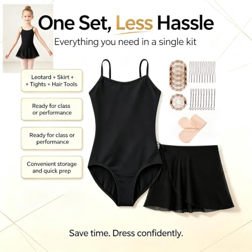 Girls 12Y Adjustable Ballet Leotard with Dance Skirt & Tights - Black