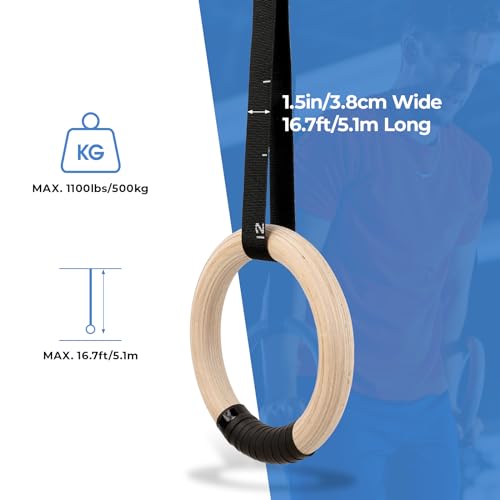 LIFERUN Gymnastics Rings, Olympic Rings Wooden 1100lbs with Adjustable Metal Buckle 16.7ft Long Straps, Pull Up Rings Workout Rings for Home Gym(Black)