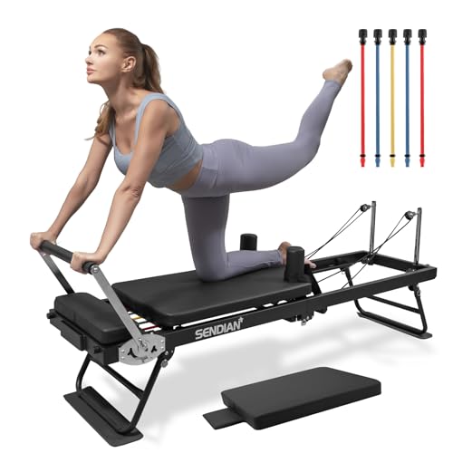 SENDIAN Foldable Pilates Equipment for Home Workouts,Pilates Reformer Machine for Home and Gym, Pilates Exercise Equipment with Jump Board, Additional 5 Color Cords (Black)