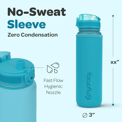 Hydracy Water Bottle with Time Marker -Large BPA Free Water Bottle & No Sweat Sleeve -Leak Proof Gym Bottle with Fruit Infuser Strainer & Times to Drink -Ideal Gift for Fitness Sports & Outdoors