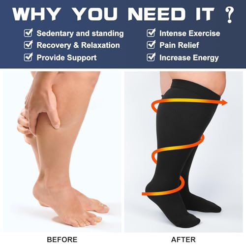 Plus Size Compression Socks for Women Men Wide Calf L/XL-5XL (15-20mmhg) Knee High Socks Support Compression Stockings for Nurses and Flying