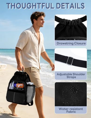 RHDZO Black Drawstring Beach Backpack with Wet Pocket & Shoe Compartment
