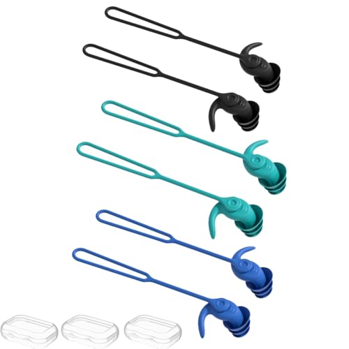 Swimming Ear Plugs for Adults,3 Pairs Anti-Lost Waterproof Reusable Silicone Swim Earplugs for Swimming Showering Surfing Snorkeling (Black,Blue,Cyan, Adults Size)