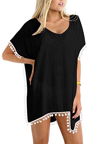 PINKMSTYLE Women's Chiffon Pom Pom Kaftan Swimwear Bathing Suit Beach Cover Up Black Medium