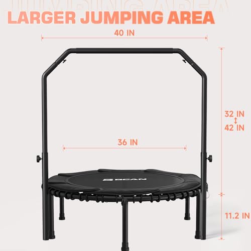 BCAN 450/550 LBS Foldable Mini Trampoline, 40"/48" Fitness Trampoline with Bungees, U/T Shape Adjustable Foam Handle, Stable & Quiet Exercise Rebounder for Kids Adults Indoor/Garden Workout