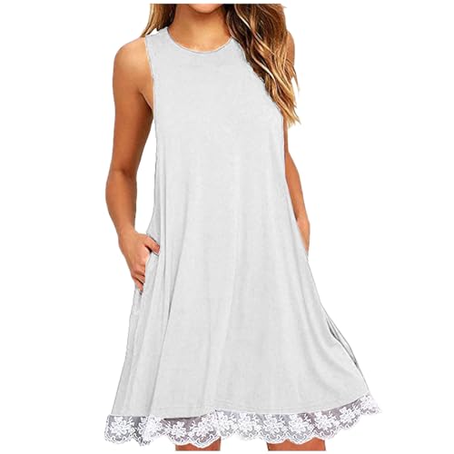 Borniu Summer Dresses for Women 2024 Casual Beach Sleeveless Tank Dress Crewneck Swing T Shirt Dresses Pockets Loose Sundress Style B-white