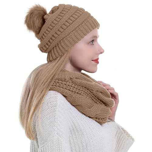 Double Couple Winter Scarf and Hat Set for Women Thick Cable Knitted Circle Loop Infinity Scarfs and Warm Beanie Hat