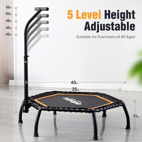 Zupapa Rebounder Trampoline for Adults with Adjustable bar Indoor Mini Small Fitness Workout Exercise Trampolines for Kids with Handle Silent Bungee Cords 40" 45" 300LBS Weight Capacity