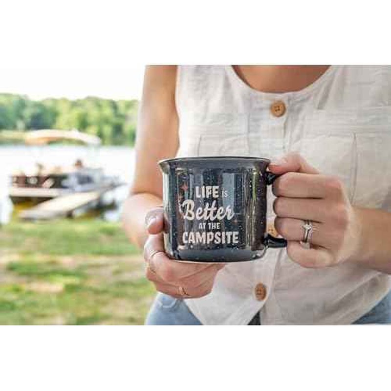 Camco Life is Better at The Campsite Ceramic Coffee Mug - Microwave and Dishwasher Safe - Features Speckled Blue Background with Life is Better at the Campsite Design - Coffee Cup Holds 14oz. (53473)