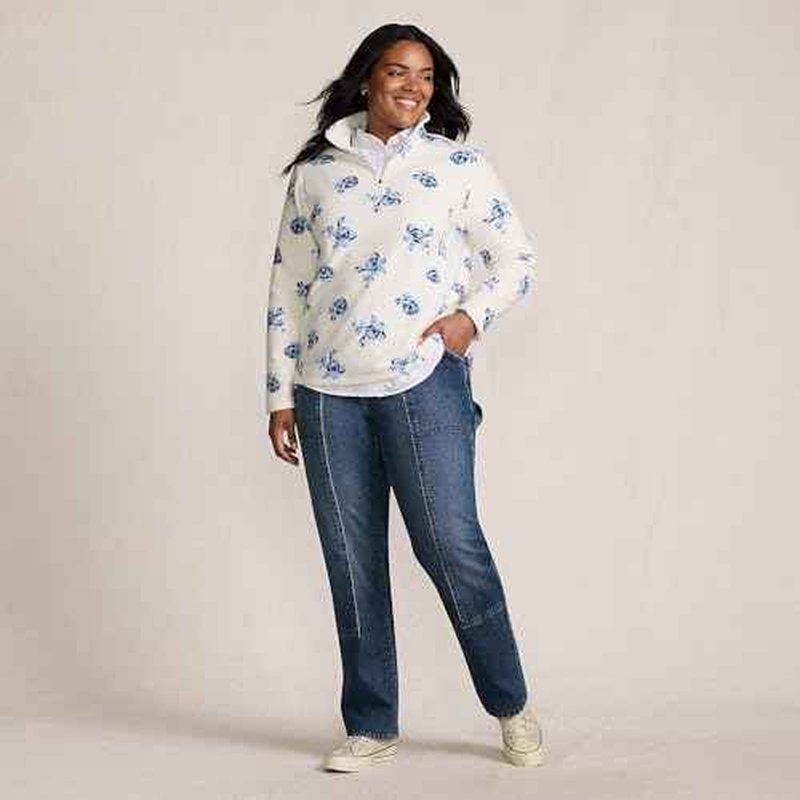 Lands' End Womens Fleece Quarter Zip Pullover Print Ivory/Clear Blue Tossed Floral Plus 3X