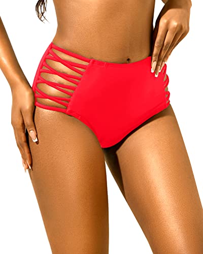 Holipick Women High Waisted Bikini Bottom Tummy Control Swim Bottom Strappy Bathing Suit Bottom Fluorescent Red L