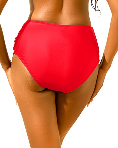 Holipick Women High Waisted Bikini Bottom Tummy Control Swim Bottom Strappy Bathing Suit Bottom Fluorescent Red L