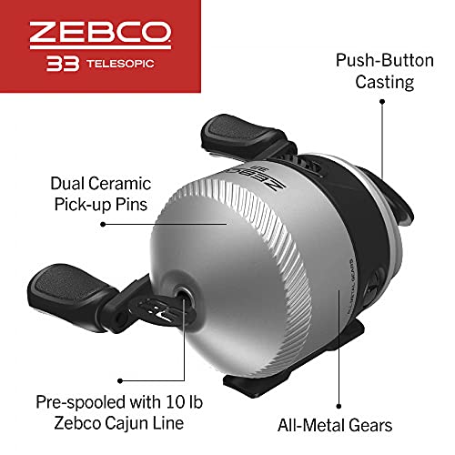 Zebco 33 Spincast Reel and Telescopic Fishing Rod Combo, Extendable 22.5-Inch to 6-Foot E-Glass Fishing Pole, Size 30 Reel, Quickset Anti-Reverse Fishing Reel with Bite Alert, Silver/Black