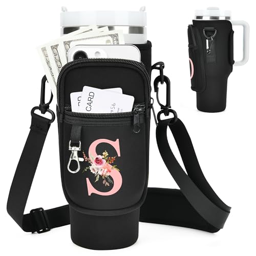 Initial Water Bottle Holder with Strap for Stanley 40 oz Tumbler/Simple Modern 40 oz Tumbler,Water Bottle Carrier Bag with Strap,Personalized A-Z Phone Pocket for Stanley Cup Accessories