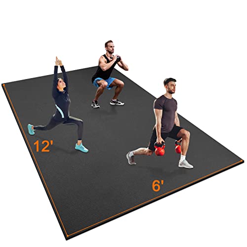 Large Workout Mat 12'x6'x7mm Exercise Mat for Home Gym Workout Flooring Mat All Purpose Fitness Mat Non-Slip Yoga Mat Cardio Mat for Weightlifting Jump Rope MMA Stretch Plyo Pilates HIIT Shoe-Friendly