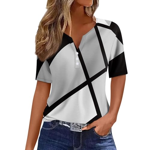 GZPINLU Day Deals Prime 2024 Today Summer Tops for Women 2024 Fashion Color Block Button V Neck T Shirts Short Sleeve Womens Plus Size Basic Tees Boho Clothes Blusas Para Mujer Casuales (Gray,2XL)