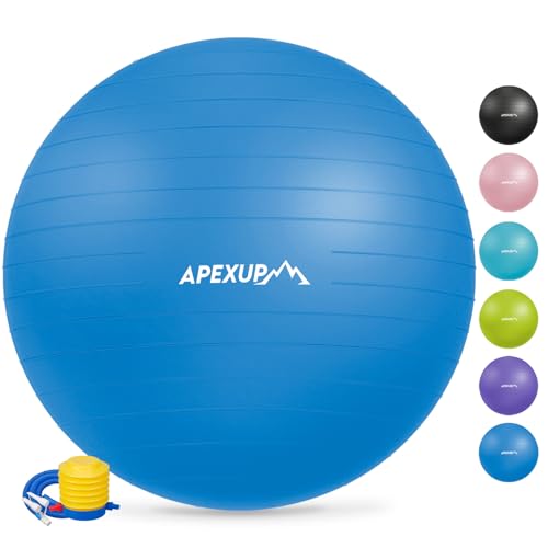 APEXUP Yoga Ball Exercise Ball, Anti Slip Stability Ball Chair, Heavy Duty Large Gym Ball for Fitness, Balance, Core Workout and Physical Therapy (M (19"~22'') 55cm, Blue)