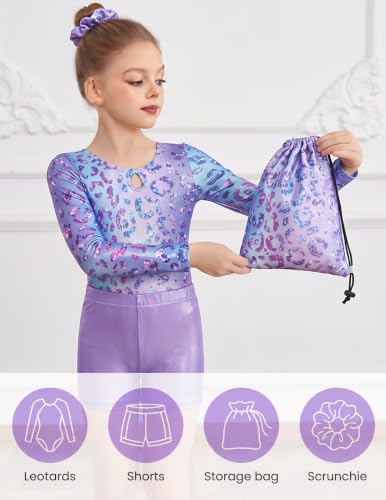 Arshiner Girls Gymnastics Leotard Set 6-7 Years Purple Leopard Long Sleeve Tumbling Outfit
