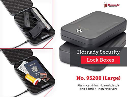 Hornady Portable Lock Box for Guns and Valuables - Includes 2 Keys and 4 Foot Steel Cable - Thick 16 Gauge Steel - An Ideal Portable Car Lock Box or Truck Safe - Large, Black, 9.5 x 6.5 x 1.75 Inches