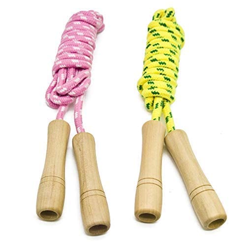 Cotton Jump Rope for Kids - Wooden Handle - Adjustable Cotton Braided Fitness Skipping Rope - Outdoor Fun Activity, Great Party Favor, Exercise Activity, Pack of 2 (Yellow+Pink)