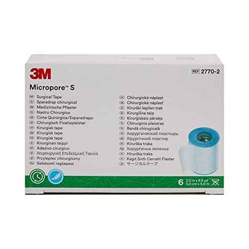 3M Micropore Medical Tape, Non-Sterile, Silicone, Blue, 2 in x 5 1/2 yds, 6 Rolls, 1 Pack