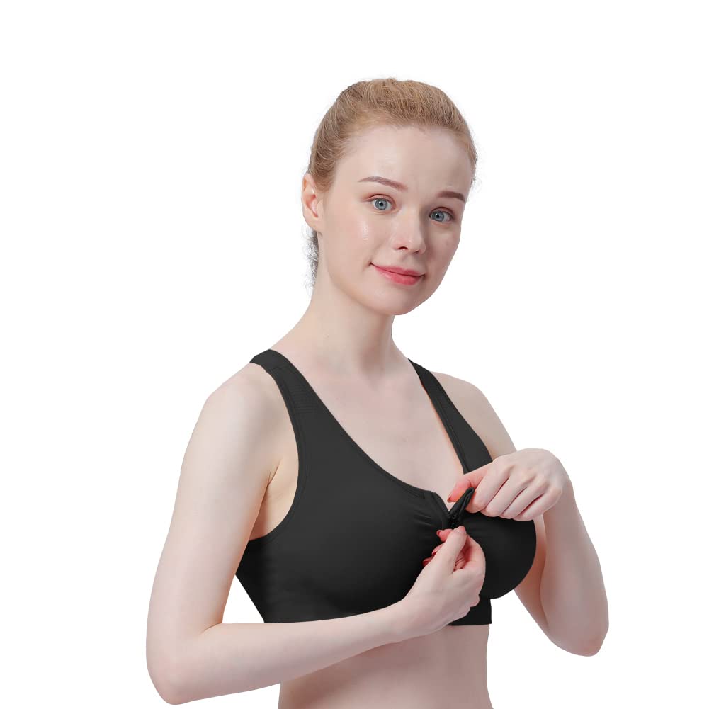 Women's Zip Front Sports Bra - Wireless, Padded, Racerback, Running, Yoga, Seamless Mastectomy Bra - Post-Surgery Zipper Closure