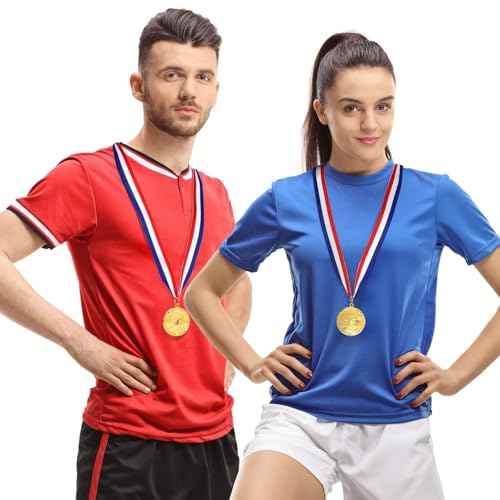 Juvale 12 Pack Award Medals for Adults - Team Participation Trophies with Red, White, and Blue Striped Ribbon, Sports Themed Party Favors (2 in, Metal, Gold)