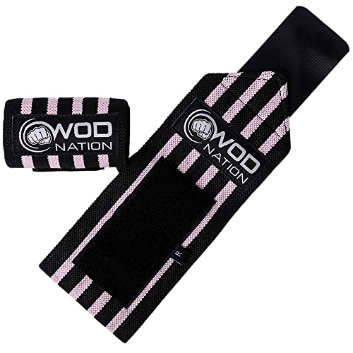 WOD Nation Wrist Wraps for Weightlifting, 12” Professional Gym Wrist Straps w/Thumb Loop for Men & Women, Wrist Support Wraps for Strength Training, Powerlifting & Bodybuilding (Black/Pink)