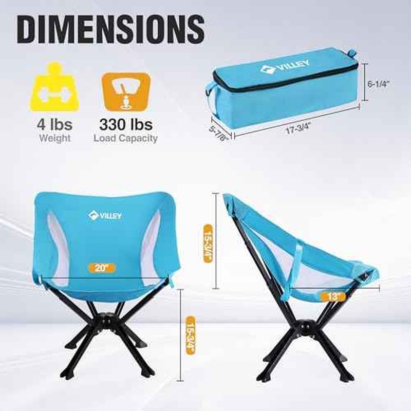 VILLEY Portable Folding Chair Lightweight Camping Chair No Assembly Needed, Quick Setup for Beach, Hiking, Supports 330 LBS, Blue