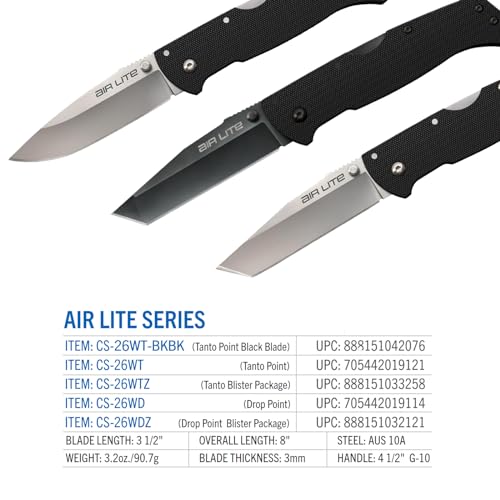 Cold Steel AIR LITE Drop Point / 8" Overall / 3.5" Blade / 3MM Thick / AUS10A / Blister Packed,Black