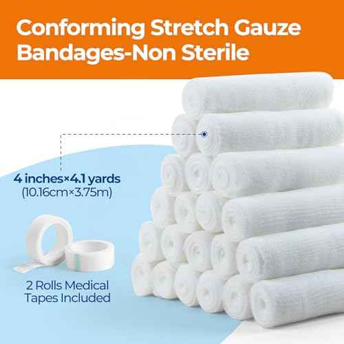 Gauze Rolls Bandages, Conforming Stretch Gauze Bandage 4 Inch, 24 Rolls Individually Wrapped 4" x 4.1yds Includes Medical Tape