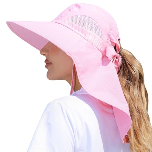 SENWAI Womens Sun Hat Outdoor UV Protection Wide Brim Fishing Hat with Ponytail Hole Neck Flap for Beach Hiking Camping, Pink