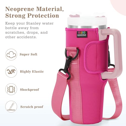 Nuovoware Water Bottle Carrier Bag Fits Stanley 40 Oz Tumbler With Handle, Water Bottle Bag With Adjustable Shoulder Strap, Neoprene Water Bottle Holder For Stanley Water Bottle Accessories, BaBi Pink