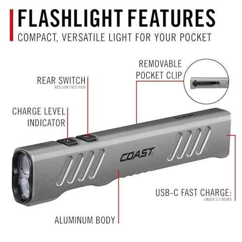 Coast Slayer RED 1000 Lumen USB-C Rechargeable LED Flashlight with Red Mode, Spot/Flood, Memory Mode and Pocket Clip