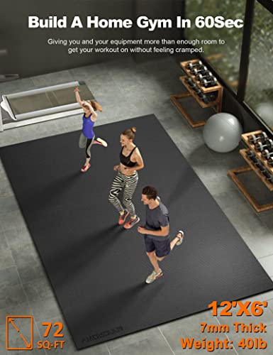 Large Workout Mat 12'x6'x7mm Exercise Mat for Home Gym Workout Flooring Mat All Purpose Fitness Mat Non-Slip Yoga Mat Cardio Mat for Weightlifting Jump Rope MMA Stretch Plyo Pilates HIIT Shoe-Friendly