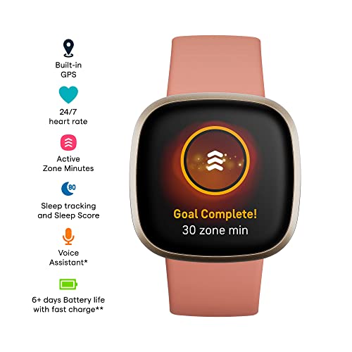 Fitbit Versa 3 Health & Fitness Smartwatch with GPS, 24/7 Heart Rate, Alexa Built-in, 6+ Days Battery, Pink/Gold, One Size (S & L Bands Included)