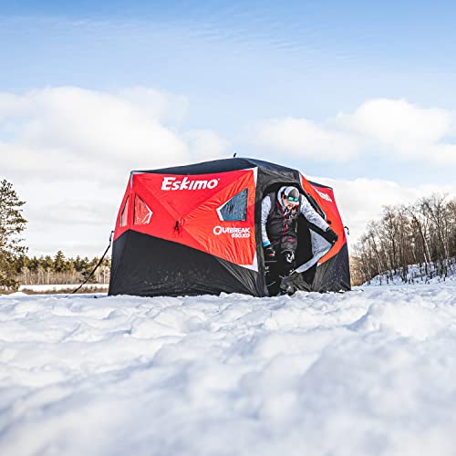 Eskimo Outbreak 650XD Pop-up Portable Insulated Ice Fishing Shelter, 94 sq ft. Fishable Area, 5-7 Person, Red/Black, 143" x 135" & 35600 Pistol Bit 8" Ice Auger Drill Adaptive Ice Auger