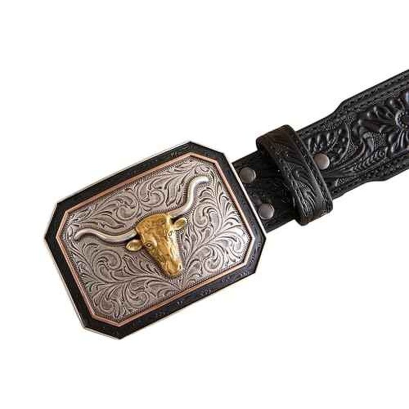 ARIAT Men's Floral Embossed Leather Belt with Longhorn Buckle