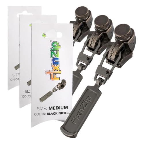 FixNZip Medium Black Nickel Zipper Repair Kit - No-Sew Slider Replacement for Jackets, Sleeping Bags, Tents, Duffel Bags - Pack of 3