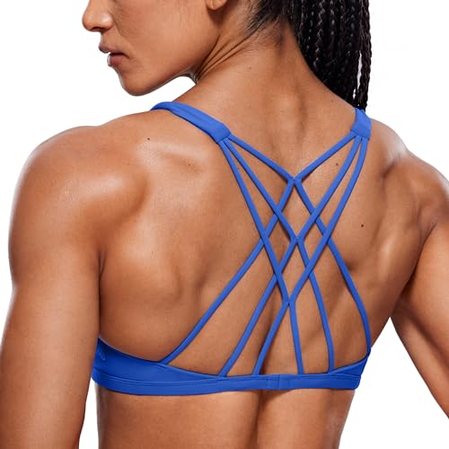 CRZ YOGA Women's Strappy Sports Bra - Criss Cross Back Padded Medium Support Wireless Gym Bra Sexy Workout Yoga Bra Waves Blue Medium