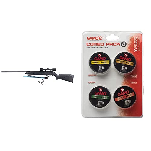 Gamo Wildcat Whisper Air Rifle .177 Cal, Black & 632092954 Air Rifle Pellets Combo Pack.177 Caliber, Quantity 1000 (Magnum, Masterpoint, Hunter, Match)