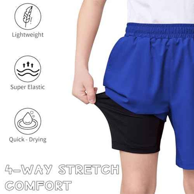 QBK Boys 2-in-1 Athletic Running Shorts with Compression Liner Lightweight Quick Dry 3T-16Y