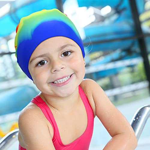 Sintuff 3 Pcs Kids Swim Caps Toddlers Swimming Caps Silicone Swim Cap for Boys Girls (Age 4-12) Baby Waterproof Cartoon Bathing Hats for Long and Short Hair
