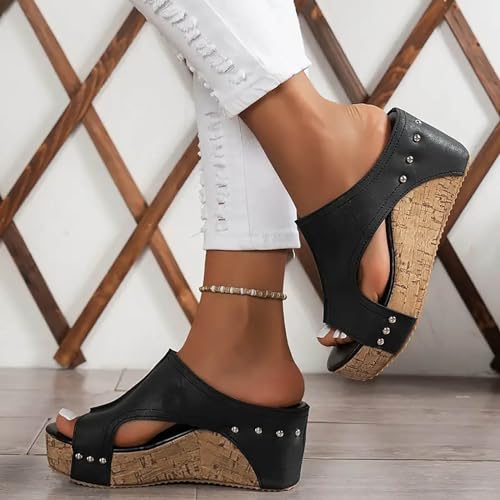 KAPRIOY Womens Sandals Wedge Thick Bottom Studded Comfort Slope Sandals Women Summer Fashion Peep Toe Slip On Slide Slippers